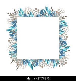 Bleu et Greeen aquarelle laisse un cadre carré pour carte ou invitation. Aquarelle bleu clair dessinée à la main illusoration avec feuilles de verdure et bronze doré Banque D'Images