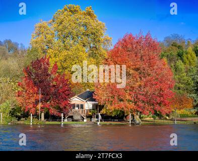 Météo britannique - couleurs d'automne Henley sur la Tamise Oxfordshire UK Riverside retraite sur la Tamise, entouré par les couleurs d'automne lorsque les feuilles commencent à tourner. Crédit Gary Blake /Alamy Live News Banque D'Images