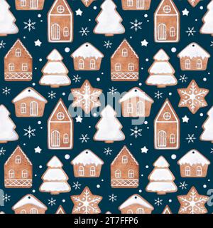 Motif sans couture en pain d'épice. Aquarelle illustration dessinée à la main de biscuits de pain d'épice de Noël avec glaçage blanc. Modèle pour emballage de Noël pap Banque D'Images