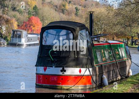 Les bateaux de canal amarrés le long de la Tamise sur les amarres des visiteurs adjacents à Mill Meadows , commodément près du centre-ville de Henley sur la Tamise Banque D'Images