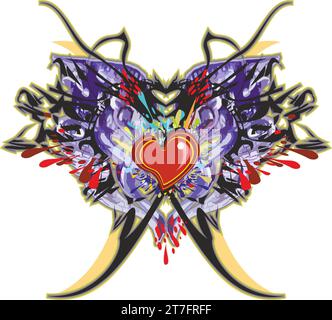 Ailes de papillon horribles avec coeur rouge sur blanc pour les vacances ou les événements. Symbole de papillon détaillé pour les emblèmes, les affaires, les imprimés, les tatouages, les intérieurs Banque D'Images
