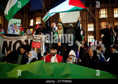 Londres, Royaume-Uni, 15 novembre 2023, les manifestants au rassemblement pour la Palestine devant le Parlement alors que les députés votent une motion de cessez-le-feu. Crédit : Antony Medley/Alamy Live News Banque D'Images