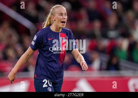 Amsterdam, pays-Bas. 15 novembre 2023. AMSTERDAM, PAYS-BAS - 15 NOVEMBRE : Amalie Vangsgaard du Paris Saint-Germain crie lors du match Groupe C - UEFA Women's Champions League 2023/24 entre l'AFC Ajax et le Paris Saint-Germain au Johan Cruijff Arena le 15 novembre 2023 à Amsterdam, pays-Bas. (Photo de Joris Verwijst/Orange Pictures) crédit : Orange pics BV/Alamy Live News Banque D'Images