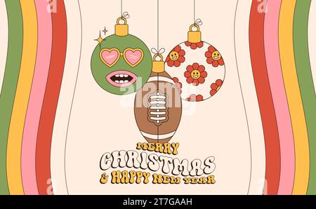 rugby Joyeux Noël et bonne année Groovy carte de voeux Sports. Boule suspendue comme une boule de Noël groovy sur fond vibrant. Illustration vectorielle Illustration de Vecteur