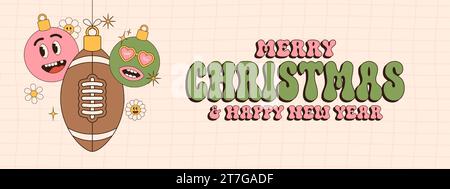 rugby Joyeux Noël et bonne année Groovy carte de voeux Sports. Boule suspendue comme une boule de Noël groovy sur fond vibrant. Illustration vectorielle Illustration de Vecteur