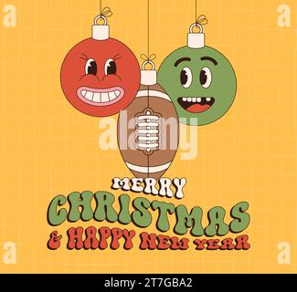 rugby Joyeux Noël et bonne année Groovy carte de voeux Sports. Boule suspendue comme une boule de Noël groovy sur fond vibrant. Illustration vectorielle Illustration de Vecteur