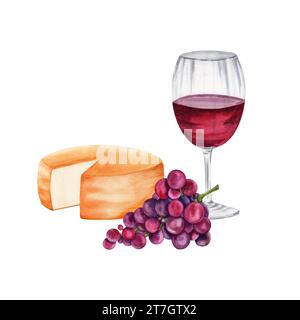 Composition avec du fromage, un verre avec du vin rouge et une grappe de raisins. Illustration d'aquarelle dessinée à la main isolée sur fond blanc. Rustique chic Banque D'Images
