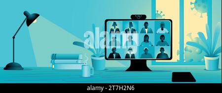 Restez et travaillez à domicile pendant la pandémie, illustration vectorielle de vidéo conférence. Écran d'ordinateur, groupe de personnes parlant via Internet Illustration de Vecteur