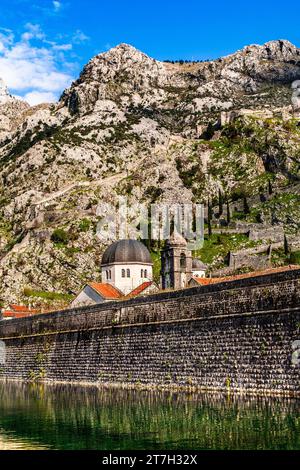 Mur de forteresse avec église Saint-Nicolas, ville médiévale de Kotor avec ruelles sinueuses, riche en sites historiques, Monténégro, Kotor, Monténégro Banque D'Images