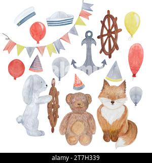 Watercolor sailor toys celebration set isolated on white Banque D'Images