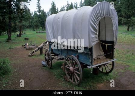 Réplique du wagon, Oregon Trail Interpretive Park à Blue Mountain Crossing, Oregon Trail National Historic Trail, Wallowa-Whitman National Forest, Oregon Banque D'Images