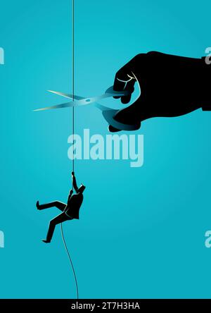 Illustration du concept d'entreprise d'un homme d'affaires grimpant sur la corde tandis qu'une main géante avec des ciseaux coupant la corde Illustration de Vecteur