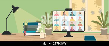 Illustration de dessin animé plat simple. Restez et travaillez à domicile pendant la pandémie, illustration vectorielle de vidéo conférence. Écran d'ordinateur, groupe de personnes parlent Illustration de Vecteur