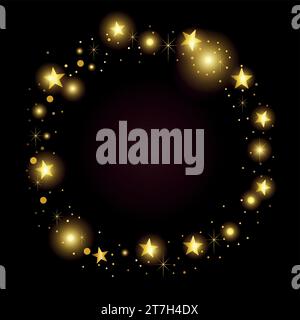 Cadre rond en or d'étoiles dorées aléatoires sur fond noir. Conception de modèle pour cadre festif, Noël, vacances ou invitation Illustration de Vecteur