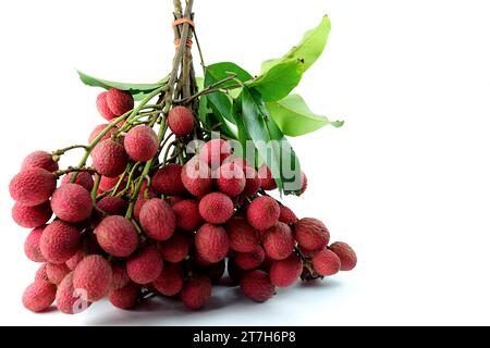 Un bouquet de Nephelium hypoleucum rouge, qui ont l'air délicieux, est attaché ensemble sur un fond blanc. Banque D'Images