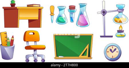 Mobilier et équipement d'intérieur de laboratoire scolaire. Ensemble de dessins animés d'éléments intérieurs de salle de classe de chimie. Table avec papeterie et chaise, tableau noir et flacons en verre avec réactifs chimiques pour laboratoire. Illustration de Vecteur