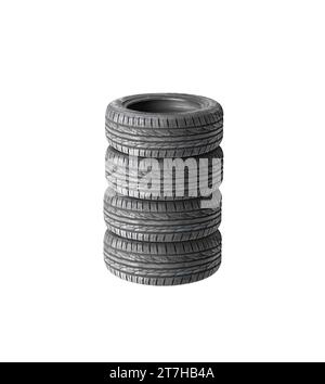 Pneus de voiture neufs avec des lignes colorées sur la bande de roulement , pile de pneus de voiture isolé sur fond blanc , concept d'entretien de pneus de voiture Banque D'Images