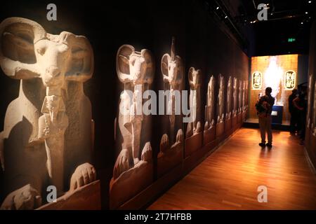 Sydney, Australie. 16 novembre 2023. Avant-première de l'exposition Ramsès & The Gold of the Pharaons au Musée australien, qui présente 182 objets inestimables, dont le sarcophage de Ramsès II - l'un des cercueils royaux les plus rares et les plus impressionnants de l'Égypte antique jamais découverts. Musée australien, Hintze Hall. 1 William Street, cnr College St, Sydney. Crédit : Richard Milnes/Alamy Live News Banque D'Images