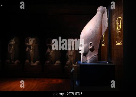 Sydney, Australie. 16 novembre 2023. Avant-première de l'exposition Ramsès & The Gold of the Pharaons au Musée australien, qui présente 182 objets inestimables, dont le sarcophage de Ramsès II - l'un des cercueils royaux les plus rares et les plus impressionnants de l'Égypte antique jamais découverts. Musée australien, Hintze Hall. 1 William Street, cnr College St, Sydney. Photo : tête d'une statue colossale de Ramsès II Crédit : Richard Milnes/Alamy Live News Banque D'Images