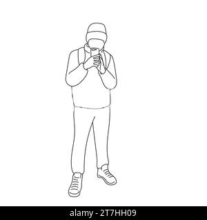 Touriste masculin avec sac à dos debout et en utilisant martphone pour prendre photo smartphone illustration vecteur dessiné à la main isolé sur fond blanc Illustration de Vecteur
