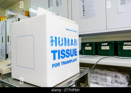 Boîte dans un hôpital disant "tissu humain pour transplantation" Banque D'Images