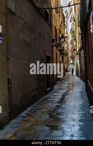 Barcelone, Catalogne, Espagne avril 30 2017 - Carrer d'en Roca une rue étroite de Barcelone avec des balcons et de vieux éclairages Banque D'Images