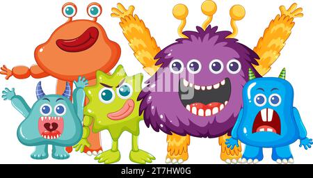 Un groupe d'adorables monstres extraterrestres dans un style de dessin animé vibrant Illustration de Vecteur