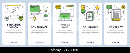 Vector ensemble de bannières verticales avec vision stratégique, conférence, page de profil, solutions et modèles de site Web de contrat. Style plat moderne et fin Illustration de Vecteur