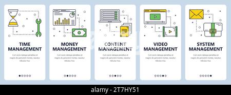 Vector ensemble de bannières verticales avec gestion du temps, gestion de l'argent, contenu, vidéo et modèles de site Web de gestion du système. Ligne mince moderne plat s Illustration de Vecteur