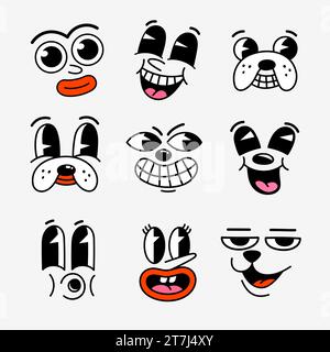 Personnages de dessins animés rétro drôles visages. Groovy vintage 30s 60s 70s mascottes smiley avec diverses émotions Illustration de Vecteur