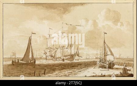 Jan Rood ancre des navires hollandais, un bateau de pêche sur le front. Brosser en brun, brun, sur crayon graphite. Banque D'Images