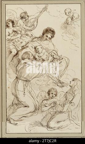 Francesco Bartolozzi St. Antonius accueille l'enfant de la Madone. (En bas à droite, un saint s’agenouille avec un livre ouvert à côté d’un ange ; deux anges font de la musique en haut à gauche ; trois têtes de chérubin en nuages en haut à droite). Plume ; encre Banque D'Images