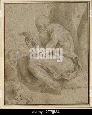 Jacopo Palma le Saint Hieronymus est assis à gauche au pied d'un tronc d'arbre, lu dans un livre ; le lion dort à gauche. Plume ; lavée ; blanchie à la chaux Banque D'Images