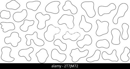 Amibe blob, forme abstraite organique. Ensemble de formes amorphes liquides, collection d'éléments de contour noir et blanc fluid blotch. Illustration de Vecteur