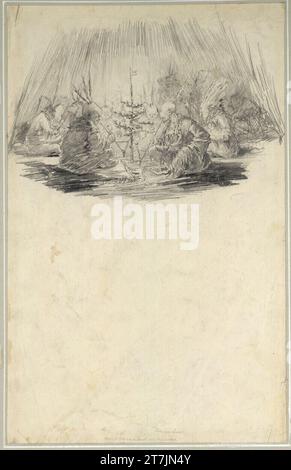 Friedrich König Noël en Amérique (Boehm, Stolba, Lenz, Pippich et d'autres peintres comme un Indien assis autour d'un arbre de Noël et fumant la pipe de la paix). Crayon Banque D'Images