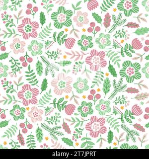 Motif sans couture de prairie de fleurs. Entrelacement de fleurs et de branches de doodle stylisées dans le style de couleur scandinave sur fond bleu foncé Illustration de Vecteur