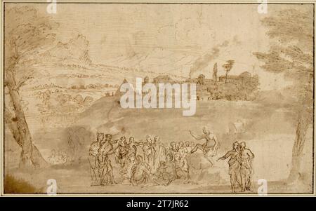 Annibale Carracci Paysage avec la prédication de Jean le Baptiste au premier plan ; Une ferme sur une colline. FEDER, encre, lavée Banque D'Images