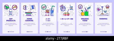 Écrans d'intégration des applications mobiles. Cuisine maison, produits laitiers, restauration rapide et agriculture biologique. Modèle de bannière de vecteur de menu pour le développement de site Web et mobile Illustration de Vecteur