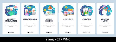 Écrans d'intégration des applications mobiles. Créativité, brainstorming, connaissance et éducation, leçons ennuyeuses. Modèle de bannière de vecteur de menu pour le site Web et le développement mobile Illustration de Vecteur