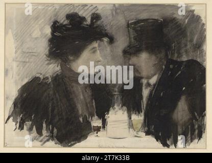 Victor-Lucien Guirand de Scévola dans un café. Craie noire, pinceau en noir, légèrement aquarelle, au-dessus du crayon, cadre avec pont blanc Banque D'Images