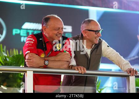 VASSEUR Frederic (fra), Team principal & General Manager de la Scuderia Ferrari, DOMENICALI Stefano (ita), Président Directeur général du Groupe Formule 1 FOG, portrait lors du Grand Prix Heineken Silver Las Vegas 2023 de Formule 1, 21e manche du Championnat du monde de Formule 1 2023 du 17 au 19 novembre, 2023 sur le Las Vegas Strip circuit, à Las Vegas, États-Unis Banque D'Images