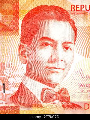Président Manuel Luis Quezon y Molina (1878-1944). Portrait des Philippines 20 billets de banque Pisos. La monnaie philippine close up Banque D'Images