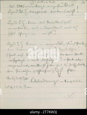 Richard Teschner Notes sur une tentative de gravure de «mère et enfant» ; petit croquis d'une tête de cerf (suite page 73r). Crayon ; crayon de couleur rouge 19. Septembre (1947) (Carnet de croquis : 1915-1947) Banque D'Images