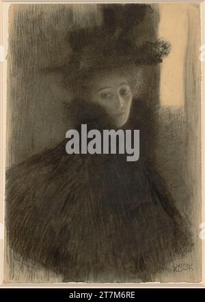 Gustav Klimt Portrait d'une dame avec cape et chapeau. Craie noire et rouge sur papier 1897-1898 , 1897/1898 Banque D'Images