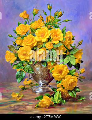 'Bright Smile - Roses in a Silver vase (huile sur toile) par Artist Williams, Albert (1922-2010) / English' Illustration de Vecteur