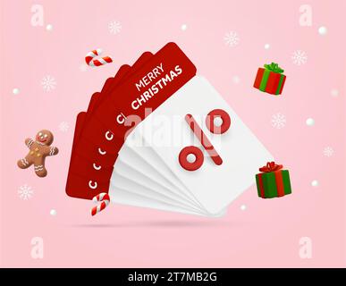 Ensemble 3D de chèques-cadeaux de Noël ou coupons, pour les ventes de Noël et l'événement promotionnel Discount. icône de coupon rendu 3d dans le style minimal et de noël, isolé sur fond. Illustration vectorielle. Illustration vectorielle Illustration de Vecteur