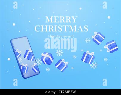 modèle de bannière cadeau de noël joyeux 3d avec des boîtes-cadeaux volant hors du smartphone, flocon de neige. Carte-cadeau pour événement promotionnel spécial. boîtes-cadeaux de noël rendues en 3d. Illustration vectorielle. Illustration vectorielle Illustration de Vecteur