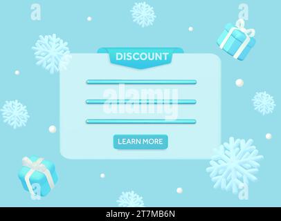 dialogue popup publicitaire 3d avec style de décoration de noël, boîtes cadeaux, flocons de neige, bouton d'appel à l'action. boîte de dialogue contextuelle de rendu 3d isolée en arrière-plan. Illustration vectorielle. Illustration vectorielle Illustration de Vecteur