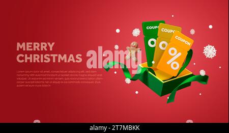 modèle de bannière d'offre de prix spécial de noël 3d avec coupons, boîte-cadeau, décoration de noël. Solde premium sur carte-cadeau événement. bons rendus en 3d, homme en pain d'épice, flocon de neige. Conception vectorielle. Illustration vectorielle Illustration de Vecteur