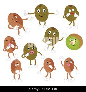 Kiwi fruit sourit. Émoticônes de dessin animé mignon. Icônes emoji. Personnage kiwi avec un visage cool et des lunettes de soleil. Parfait pour les enfants, la marchandise et l'autocollant Illustration de Vecteur